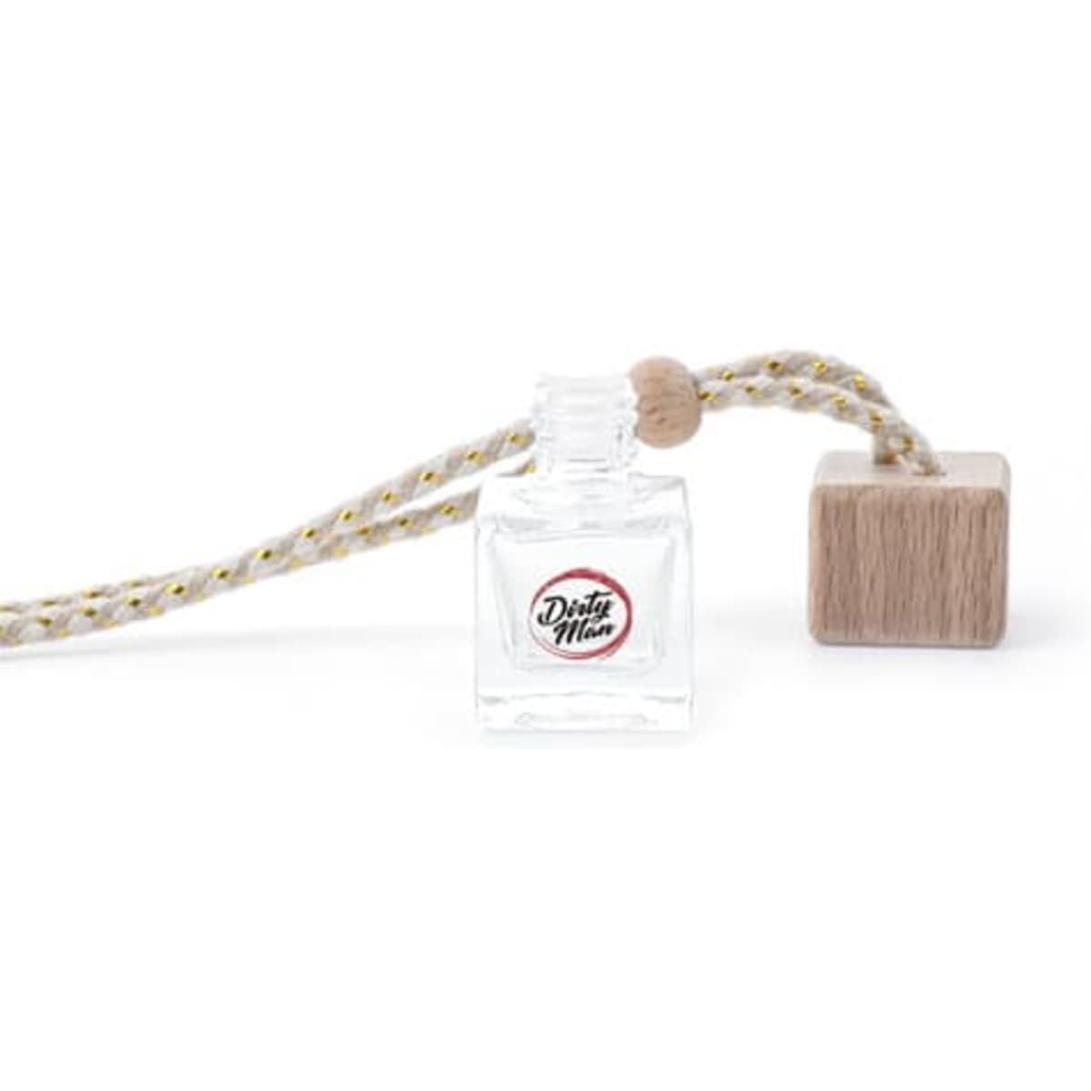 A clear glass perfume pendant bottle with a wooden cap and a decorative cord for hanging, featuring a logo.