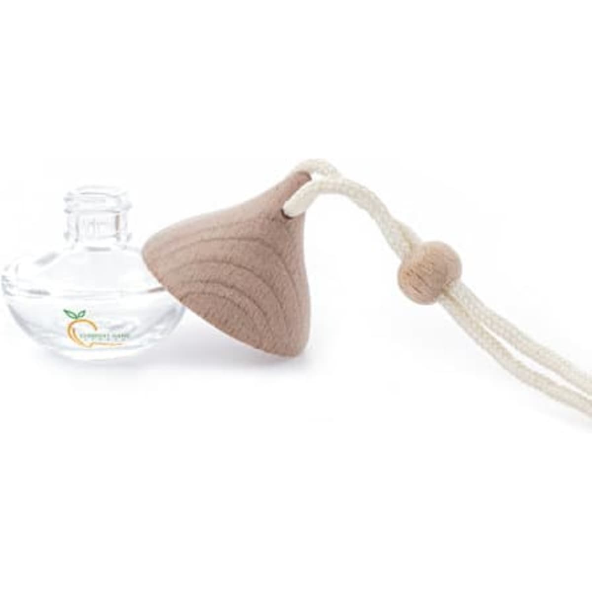 A clear glass perfume pendant with a wooden cap and a rope for hanging, featuring a natural finish.