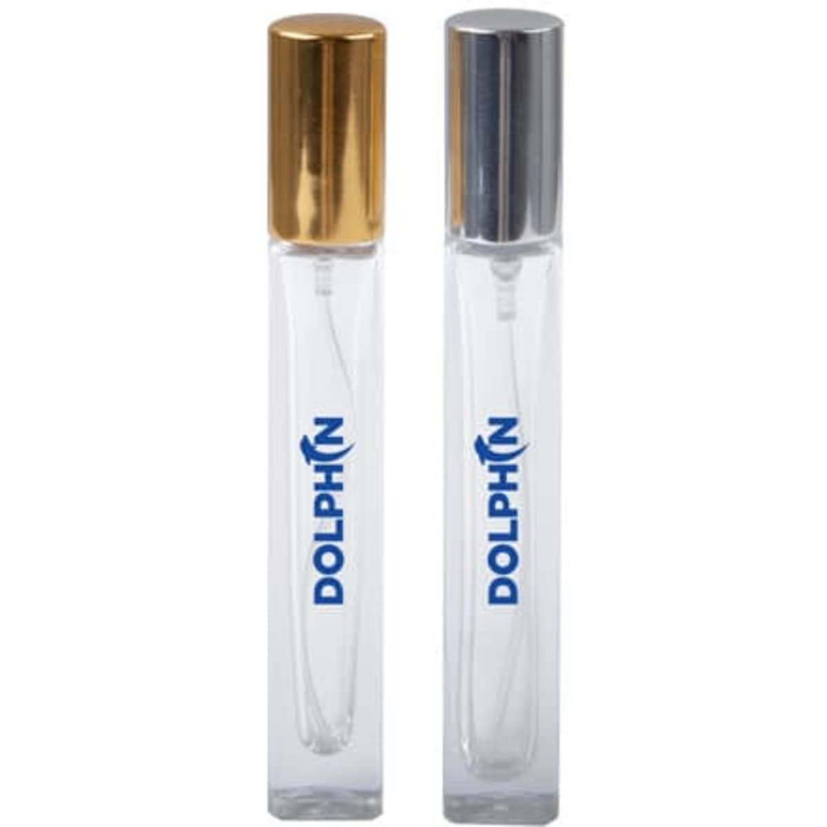 A drink bottle featuring two clear square 10ml spray bottles with gold and silver caps, both with a logo.