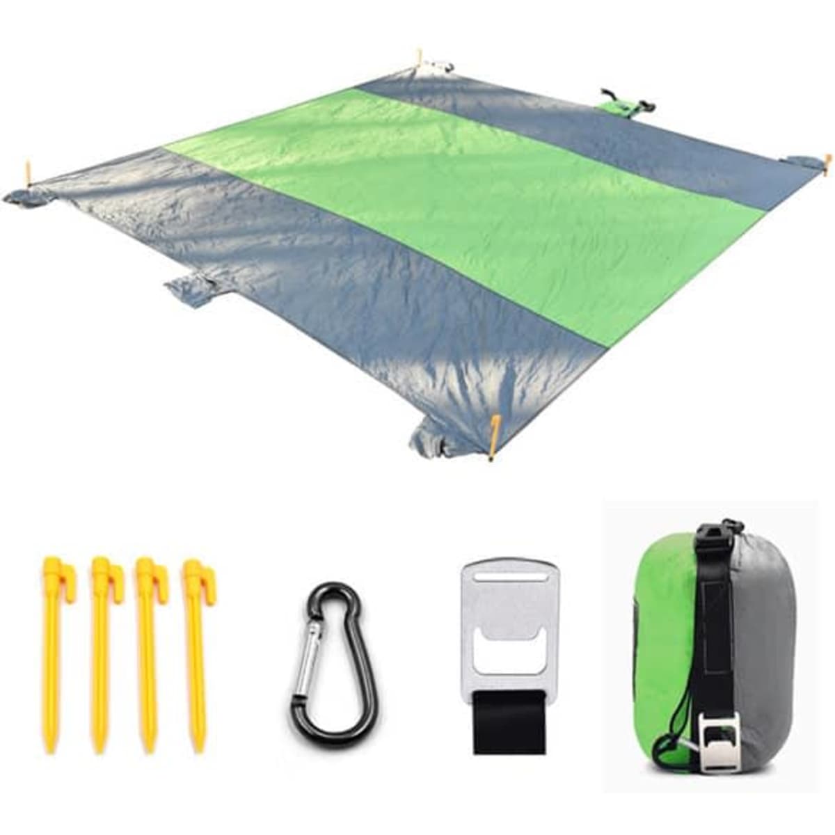 A waterproof picnic blanket in green and grey, accompanied by pegs, a carabiner, and a storage pouch.