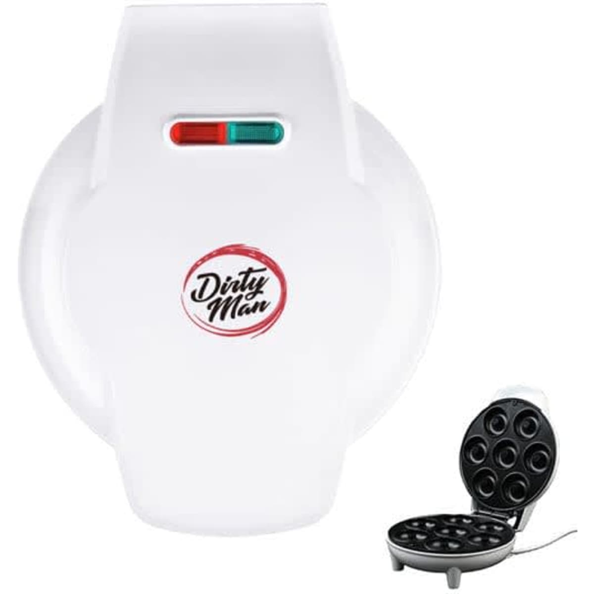 A white mini donut maker machine with a logo and a black tray for making multiple small donuts.