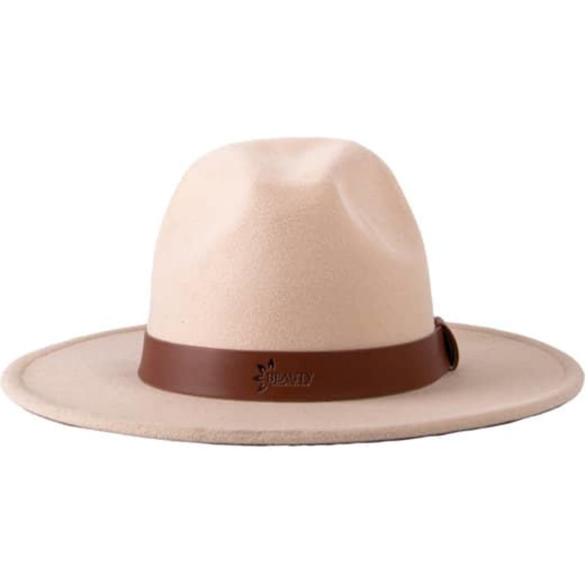 A classic felt fedora hat in a beige colour with a brown leather band and branding detail.