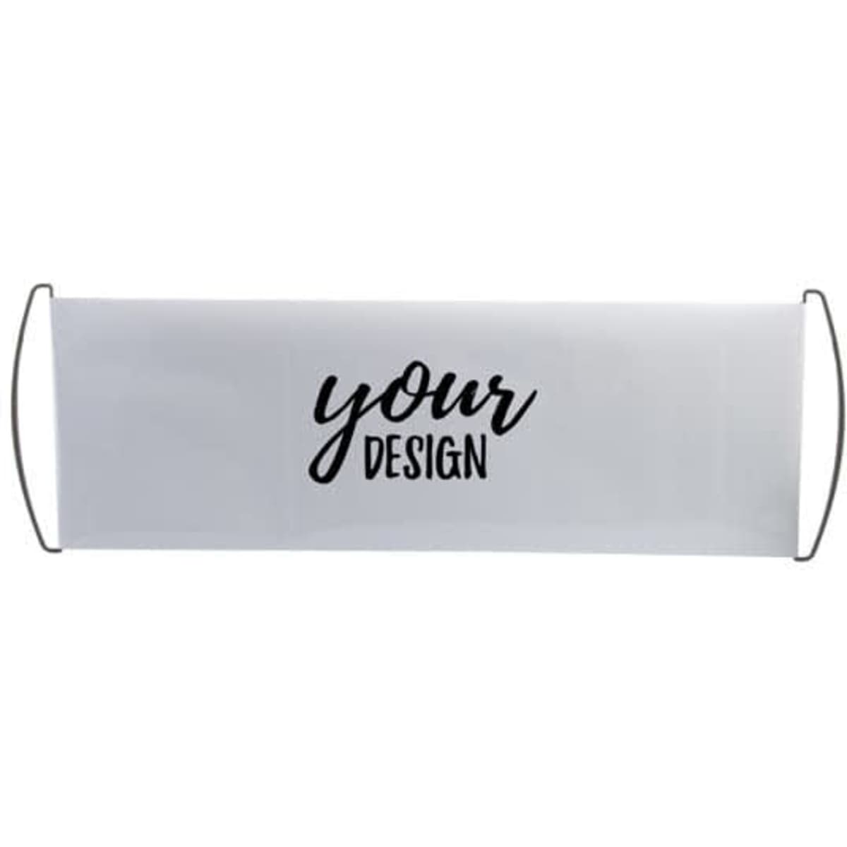 A retractable hand roll banner in white, featuring space for custom design, with silver metal ends.