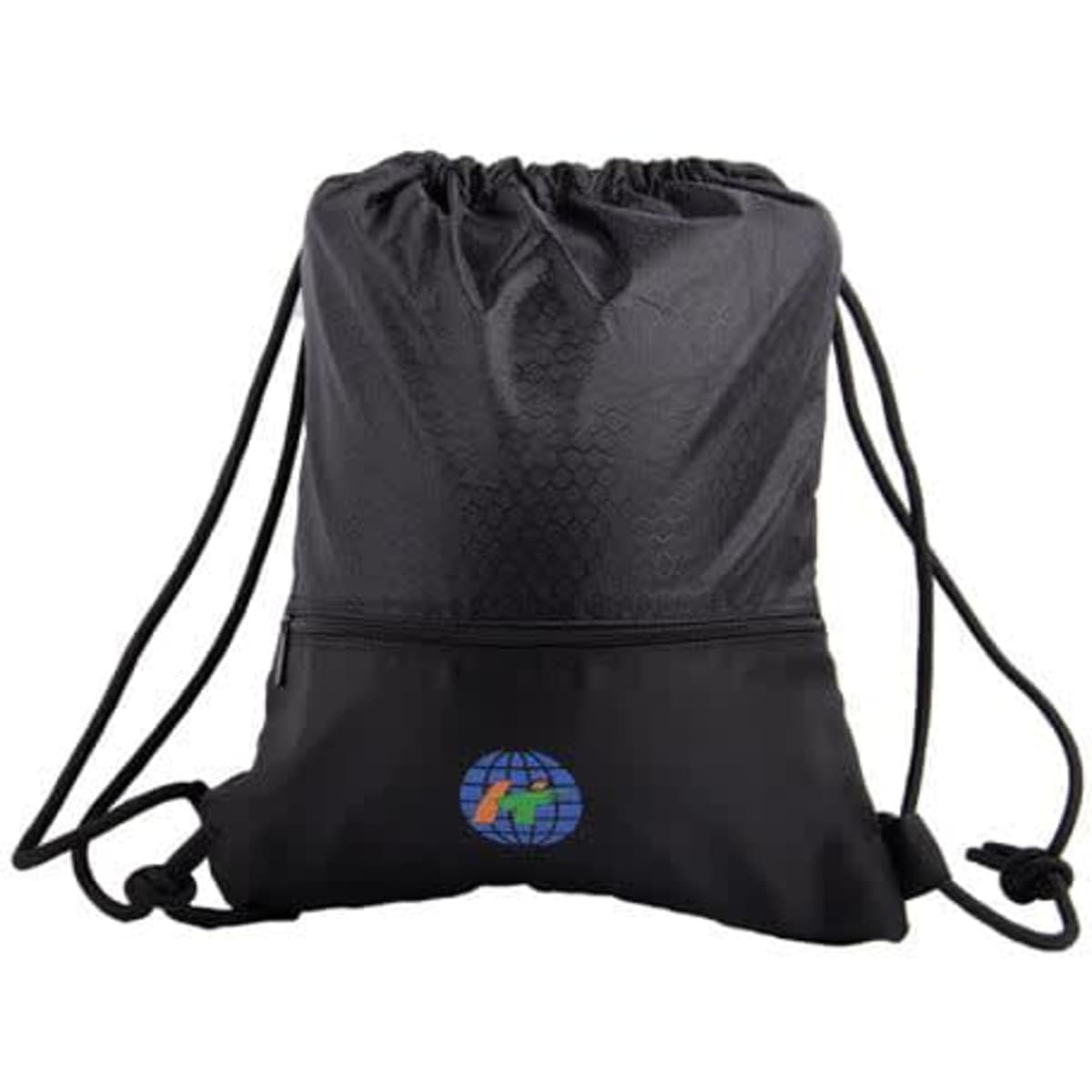 A black RPET sport drawstring bag with a logo, featuring a textured finish and adjustable straps.