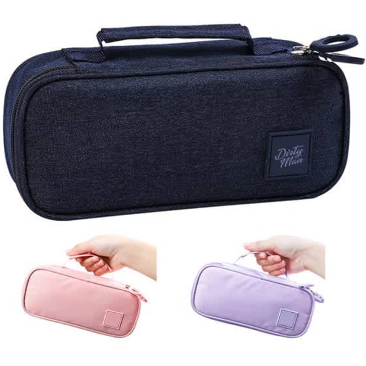 A navy blue multifunctional canvas pencil case with a handle, alongside pink and purple versions. Features logo branding.