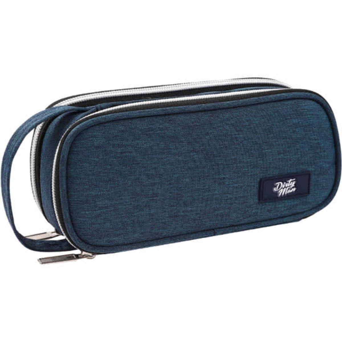 A large navy pencil case with a handle, featuring a zippered closure and a logo. Suitable for stationery storage.