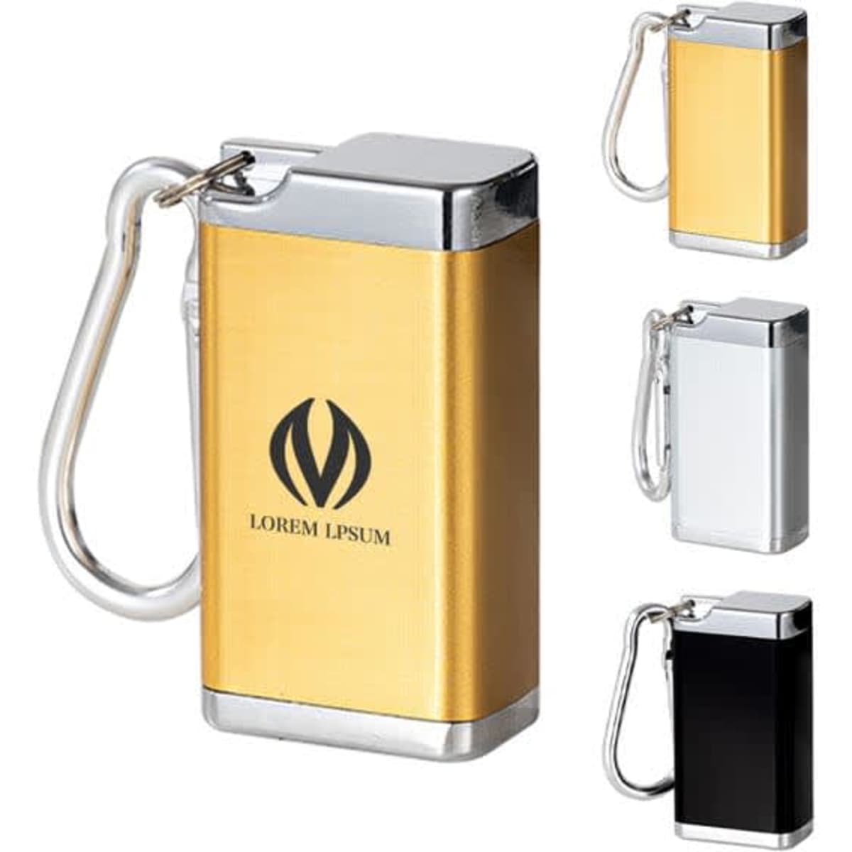 A portable ashtray with keychain in gold, silver, black, and featuring a logo on the front.