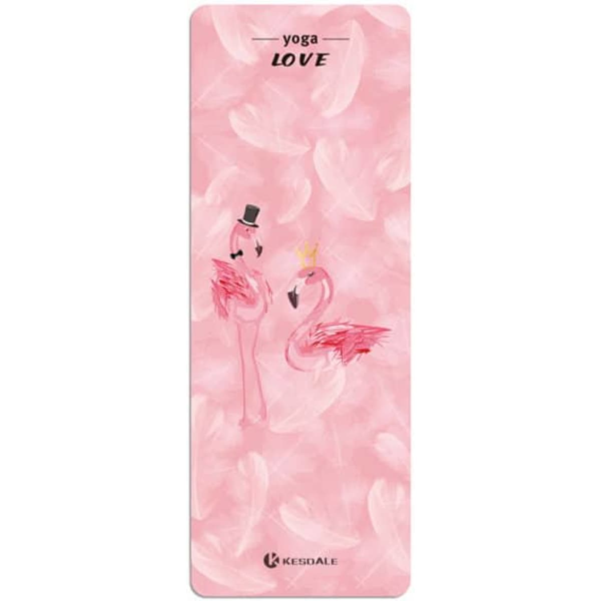 A pink yoga mat featuring flamingo illustrations, with one wearing a top hat and the other a crown. It has a logo.