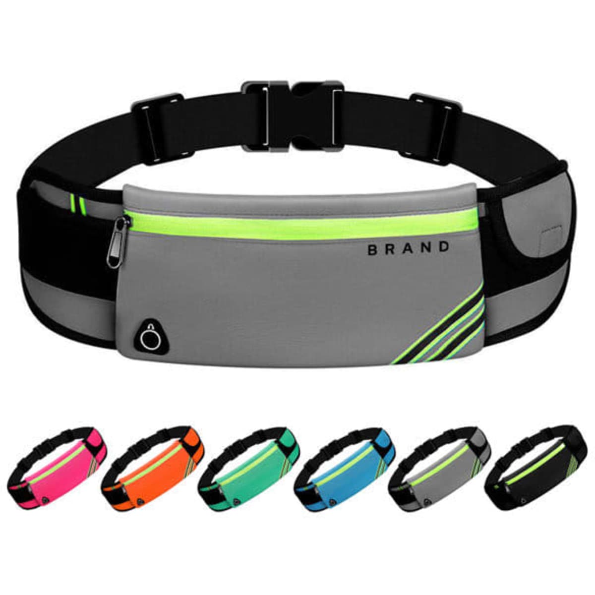 A grey neoprene fitness fanny pack with a zippered compartment, featuring bright green stripes and a logo. Available in six colours.