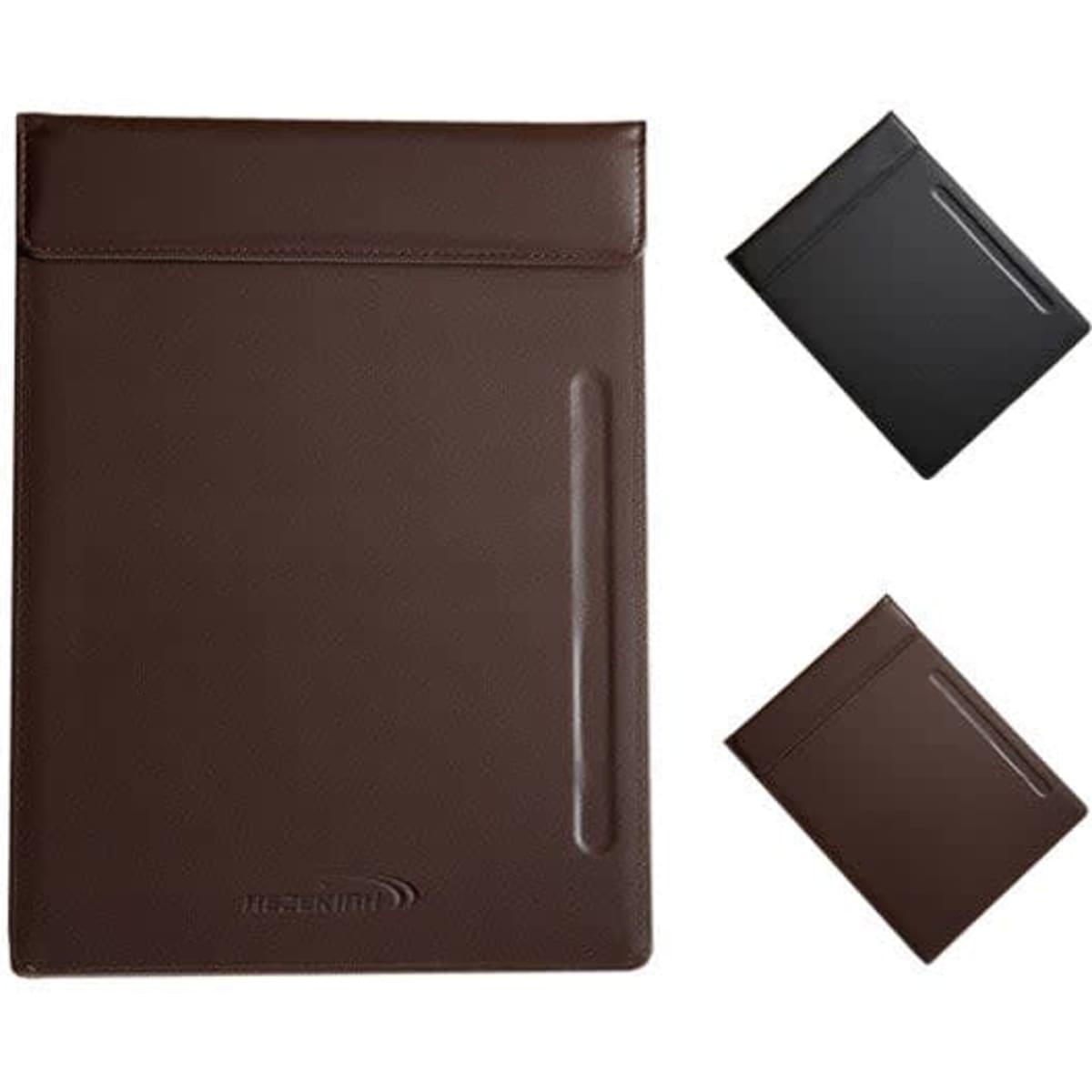 A leather clipboard in brown with a pen slot and a logo, alongside black and brown variations.