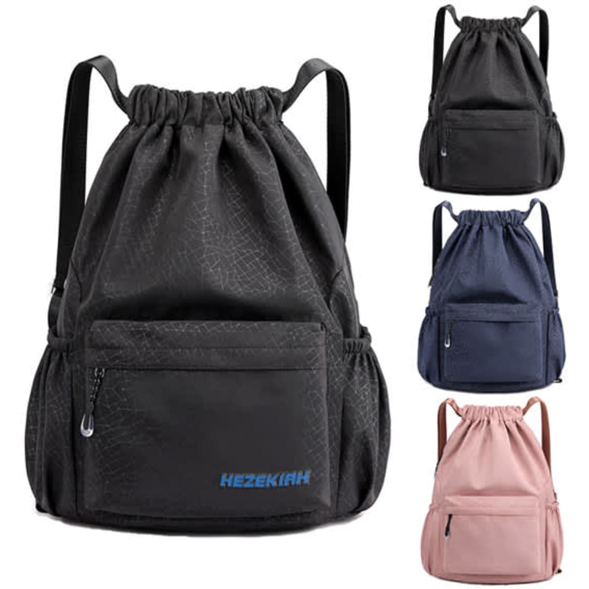 Drawstring backpacks in black, navy, and pink featuring a front zipper pocket and a logo.