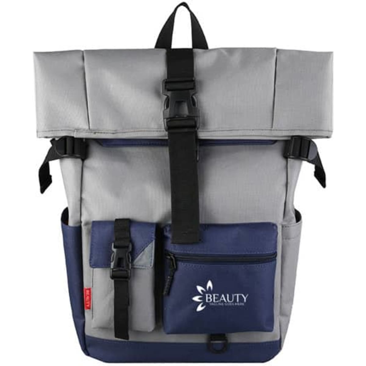 A grey and navy roll-top backpack featuring adjustable straps, multiple pockets, and a logo on the front.