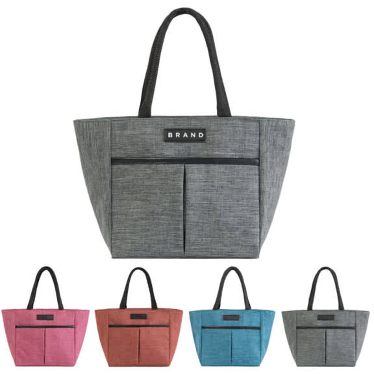 A grey insulated adult lunch tote bag with two front pockets, available in pink, red, and blue variations.