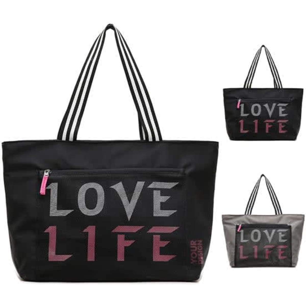 A black tote bag featuring a waterproof pocket, striped handles, and a logo. Also available in grey.