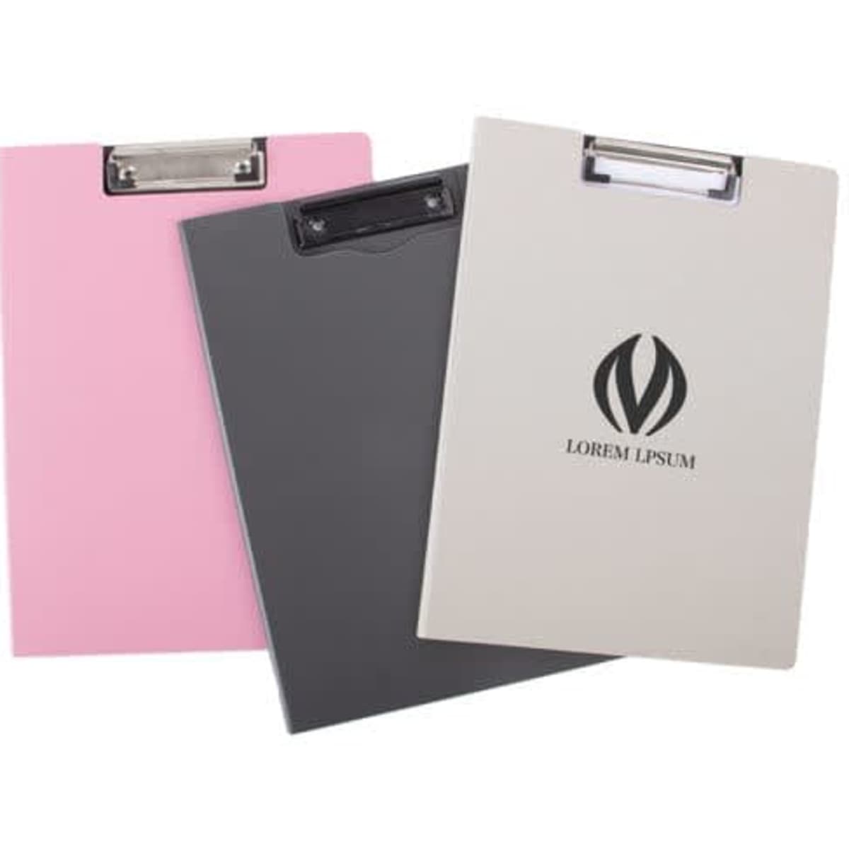 A collection of three foldable clipboards in pink, grey, and cream, featuring a logo on one clipboard.