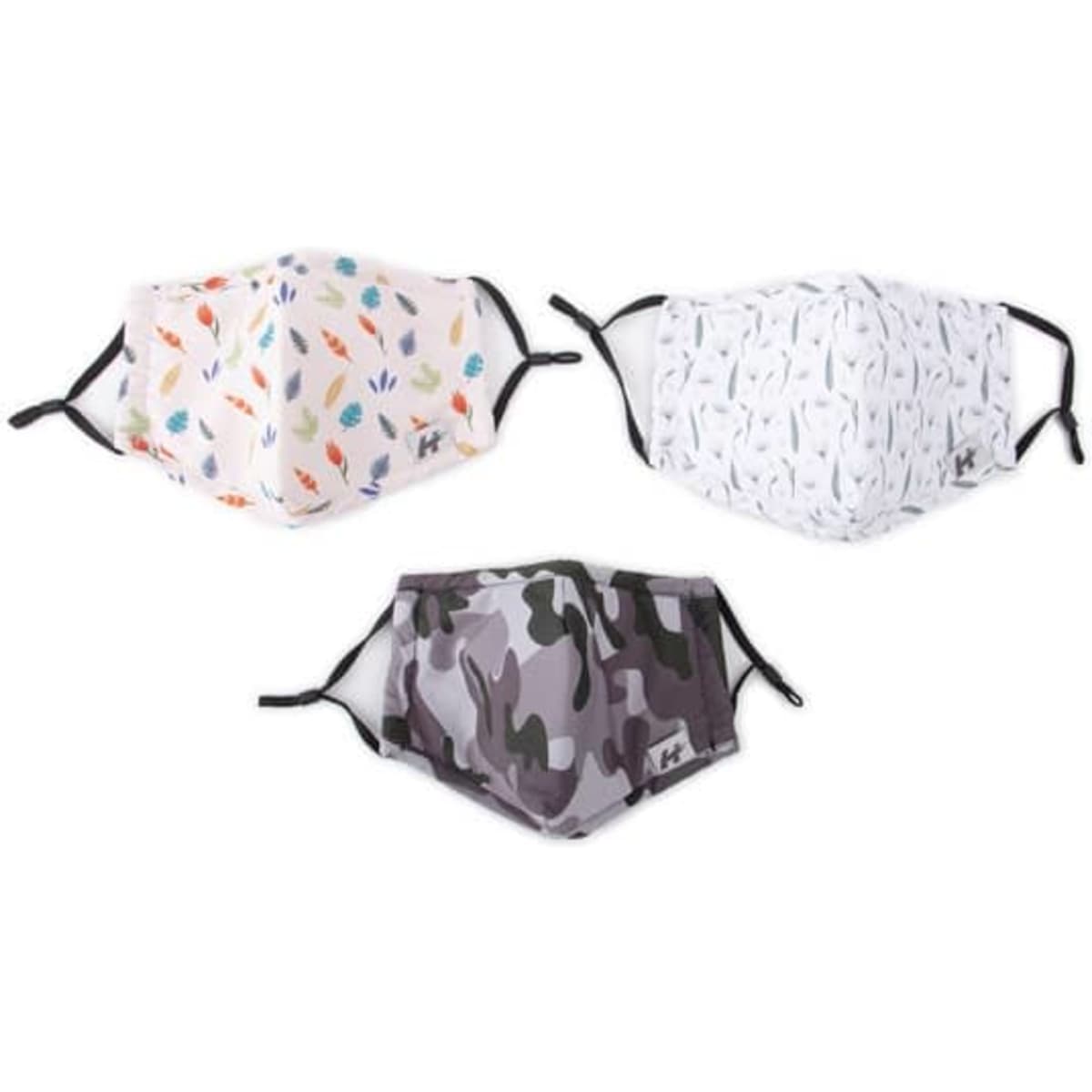 Three custom cotton face masks displayed, featuring a floral pattern, a white design, and a grey camouflage pattern.