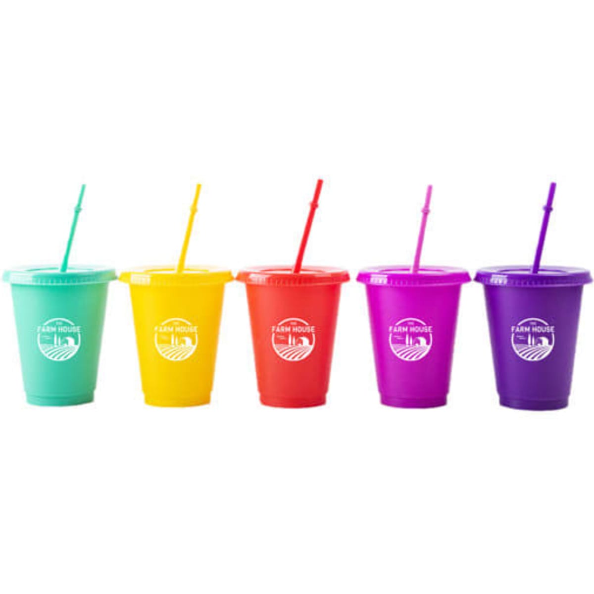 A drink bottle collection featuring five plastic tumblers in turquoise, yellow, red, purple, and dark purple, each with a lid and straw.