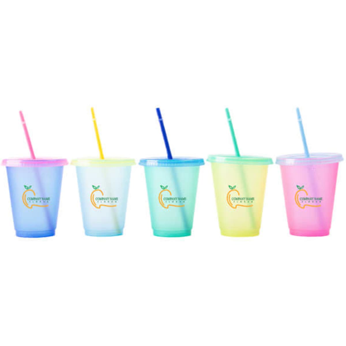 A set of five travel cups in pastel colours, featuring lids and straws, with a logo on each cup.