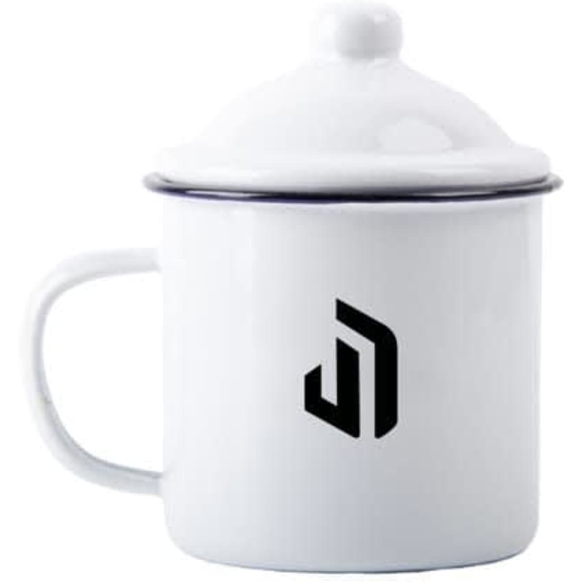 A white enamel mug with a lid and a logo on the front, ideal for tea or coffee.