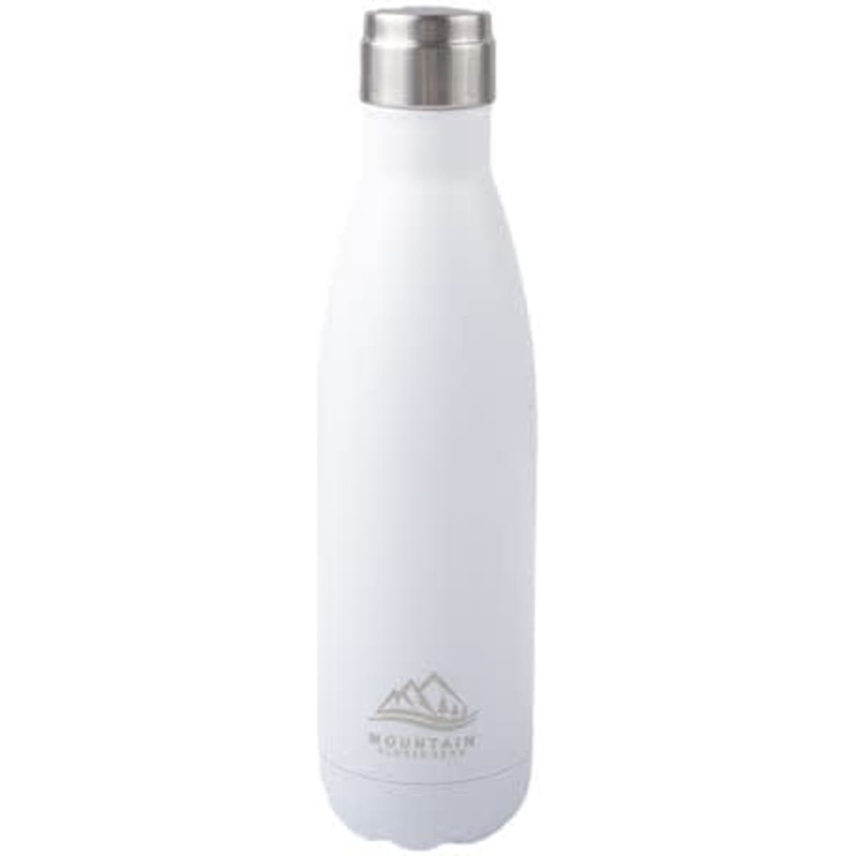 A drink bottle made of stainless steel with a white finish and a silver lid, featuring a logo.