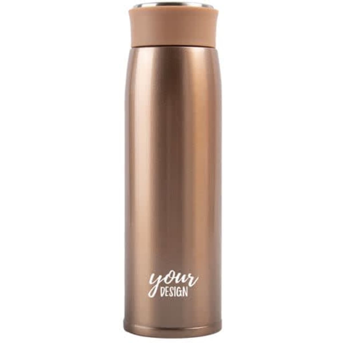 A drink bottle in a bronze finish, featuring a stainless steel body and a lid. It has a logo on the front.