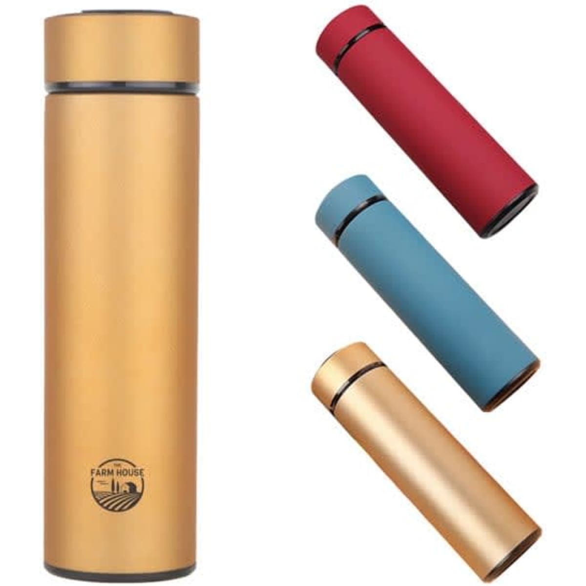 A drink bottle in gold with blue, red, and another gold option, featuring a logo on the front.
