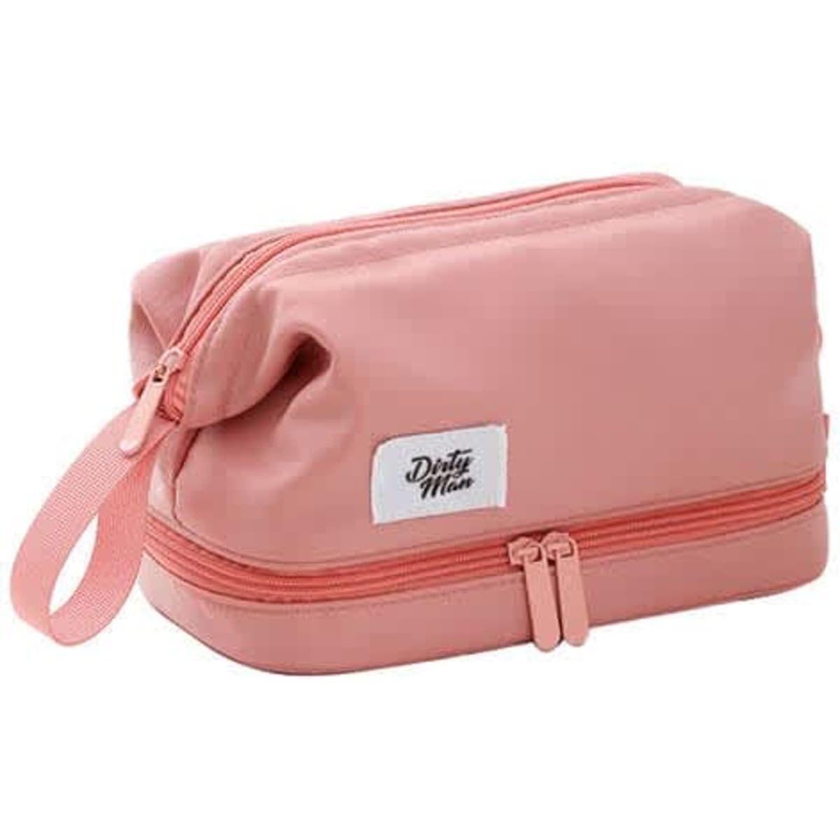 A pink double layer cosmetic bag with a brush compartment and a zip closure, featuring a loop handle.