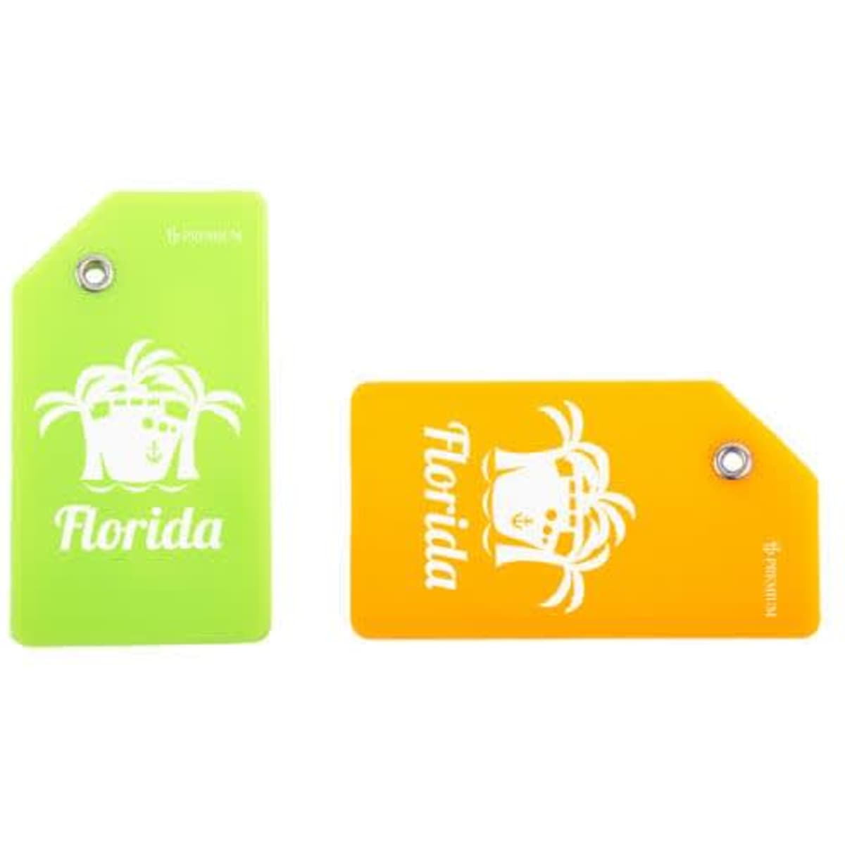 Two silicone luggage tags in green and orange, each featuring a design and a logo.