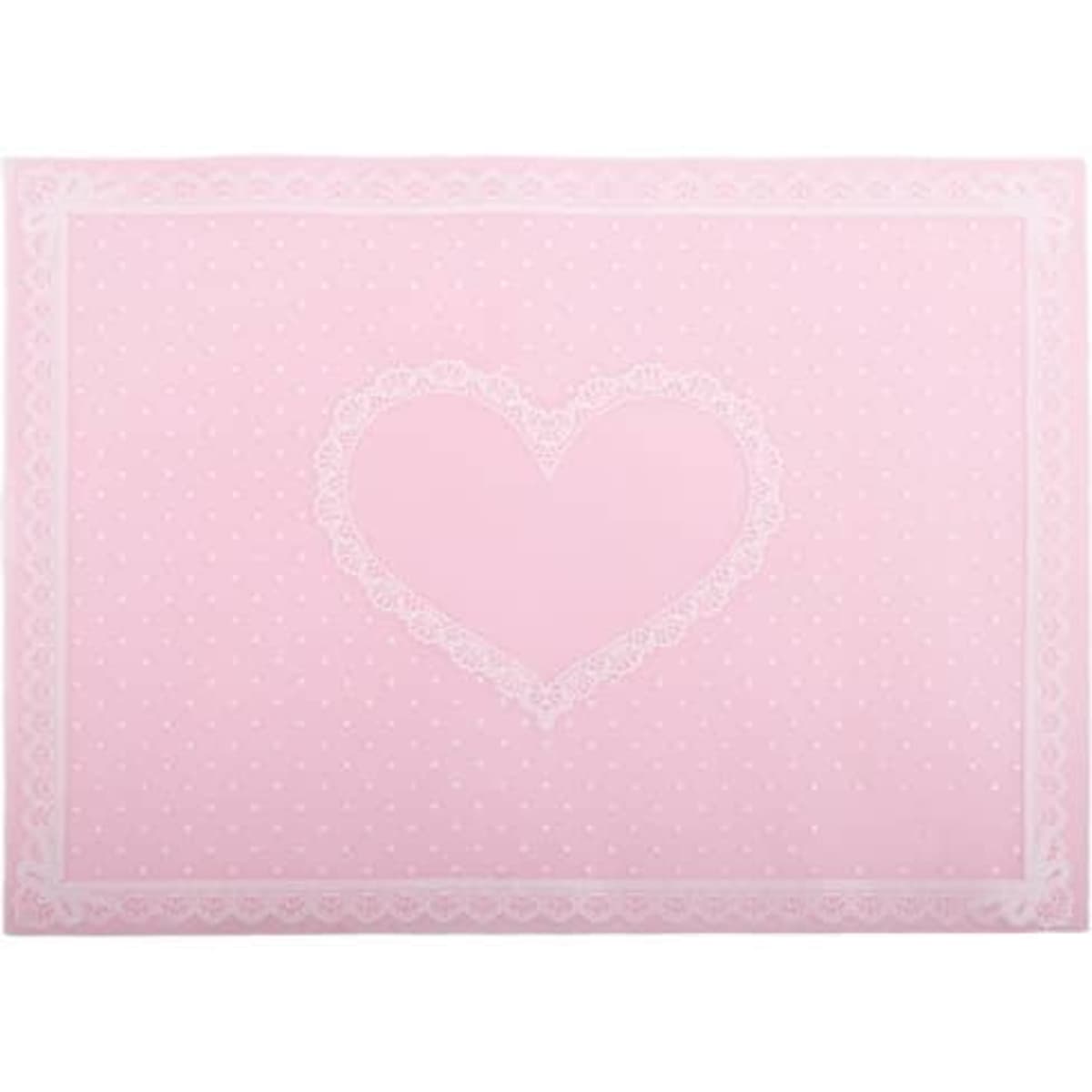 A pink silicone rectangular placemat featuring a heart design and a lace border, with a polka dot background.