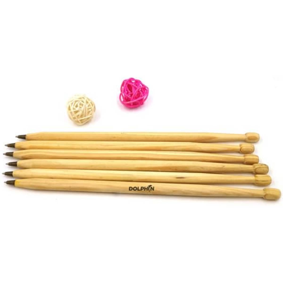 A set of wooden ballpoint pens in various shades, featuring a logo and accompanied by decorative rubber bands.