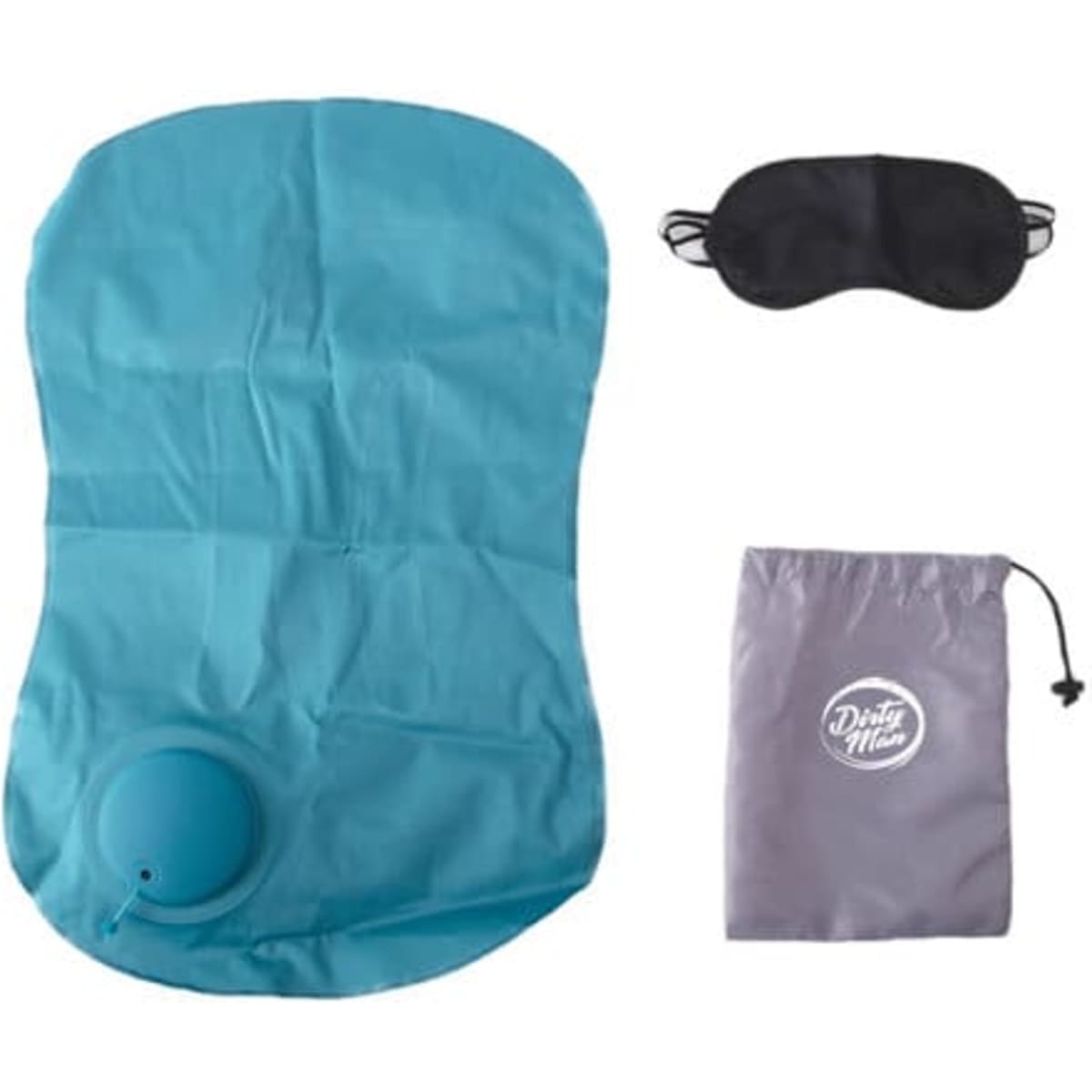 A portable inflatable TPU travel pillow in teal, paired with a black eye mask and a grey storage bag, featuring a logo.