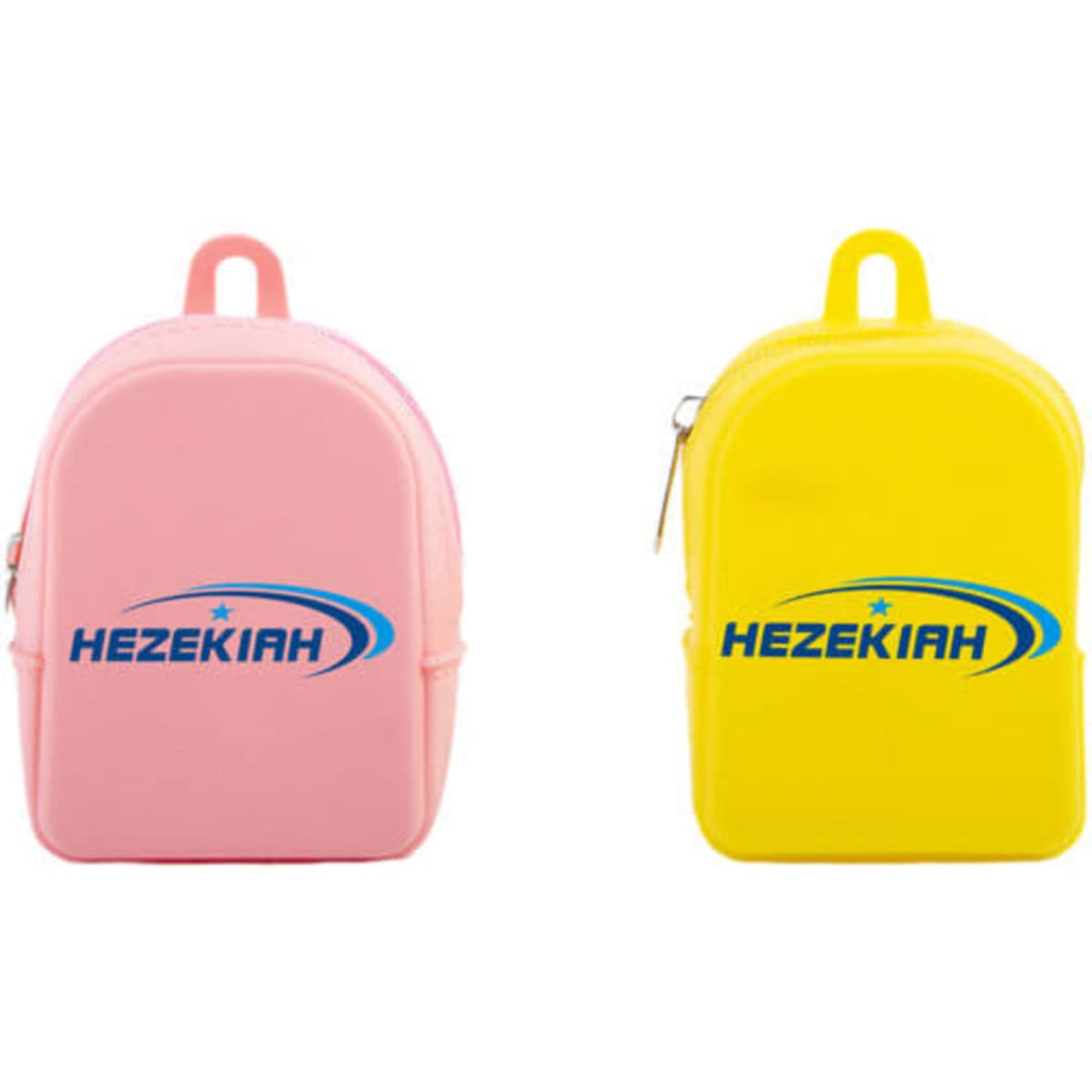 A silicone coin purse designed as a backpack, featuring pink and yellow colours, each with a logo.