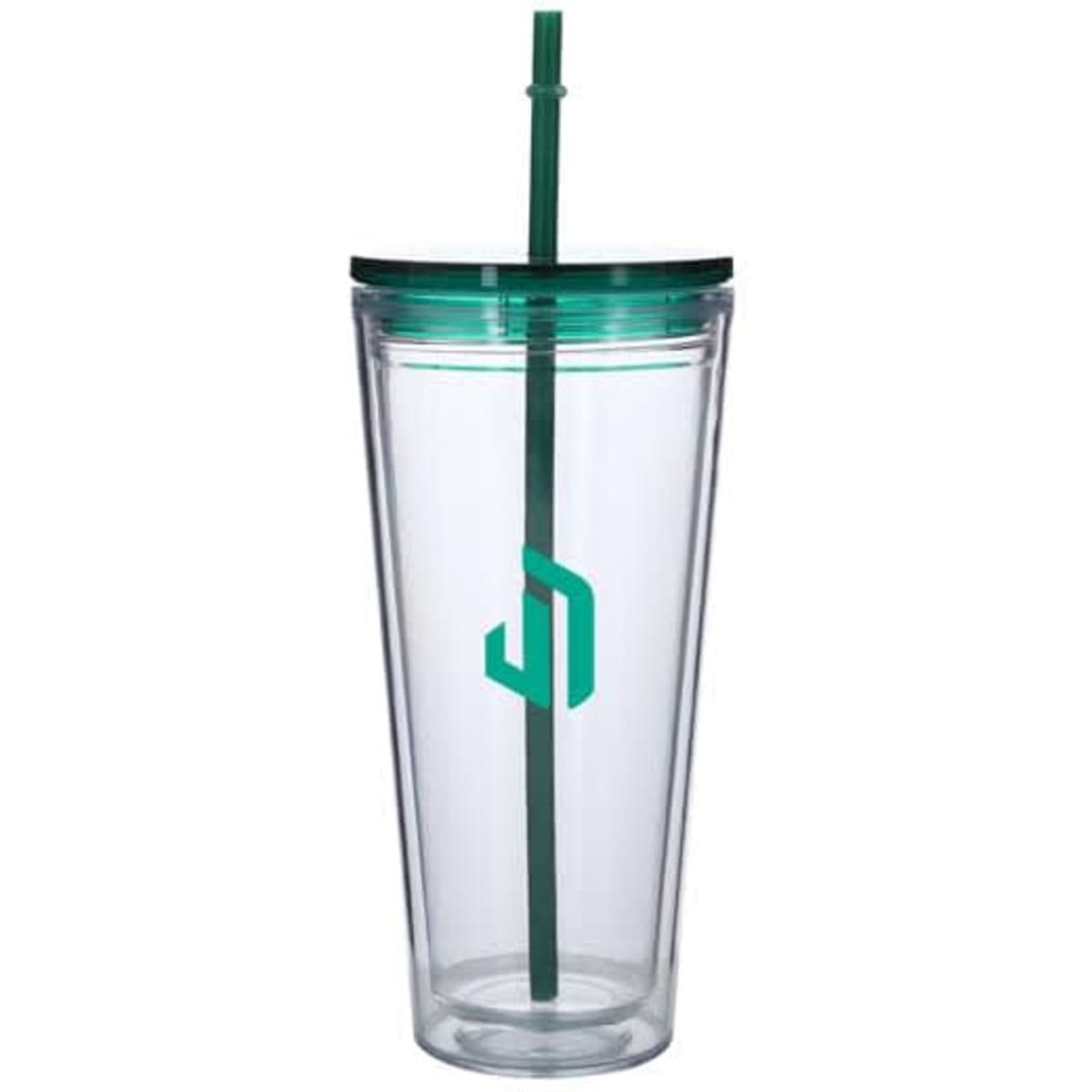 A drink bottle featuring a clear double layer design, a green lid, and a matching green straw. It has a logo on the body.