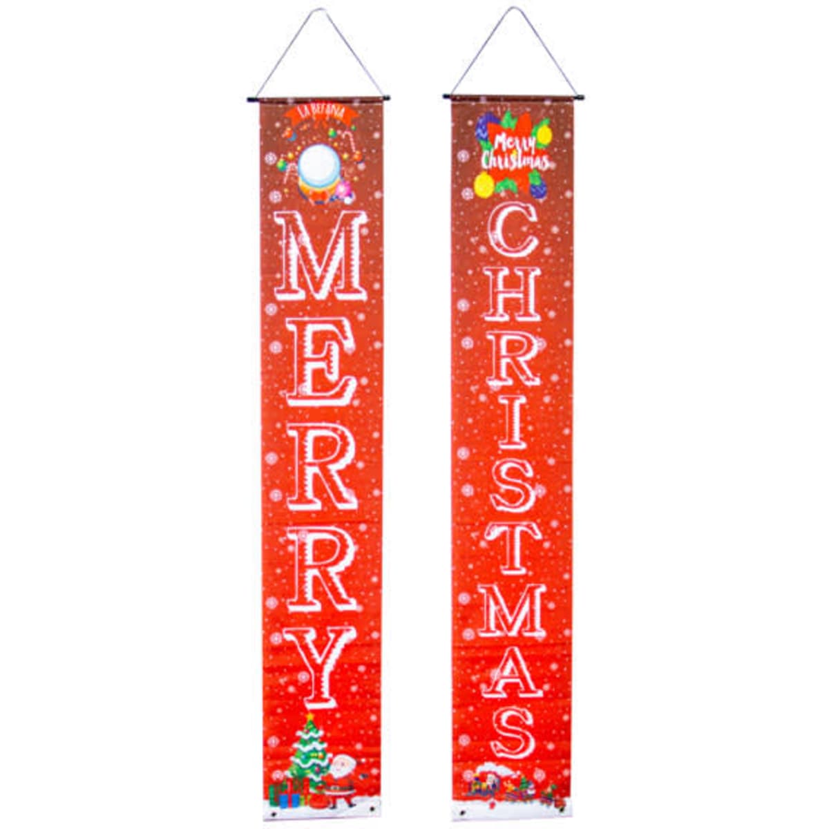 A decorative red banner featuring "MERRY" and "CHRISTMAS" in white letters, with festive graphics and a logo.
