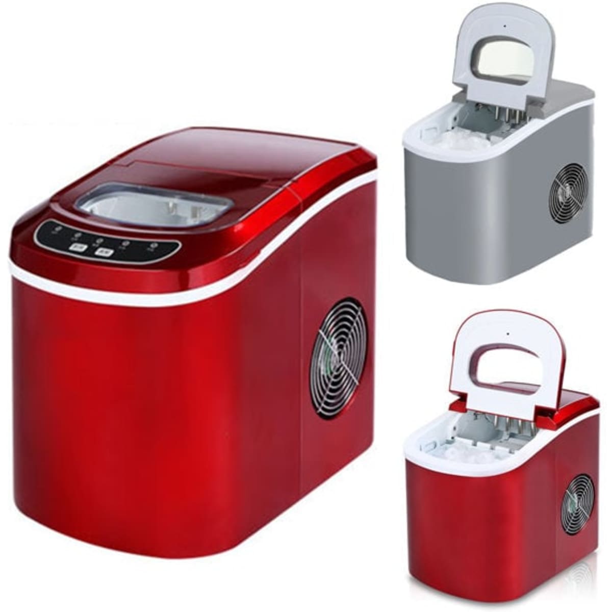 A small electric ice maker in red with a grey variant, featuring a transparent lid and digital controls.