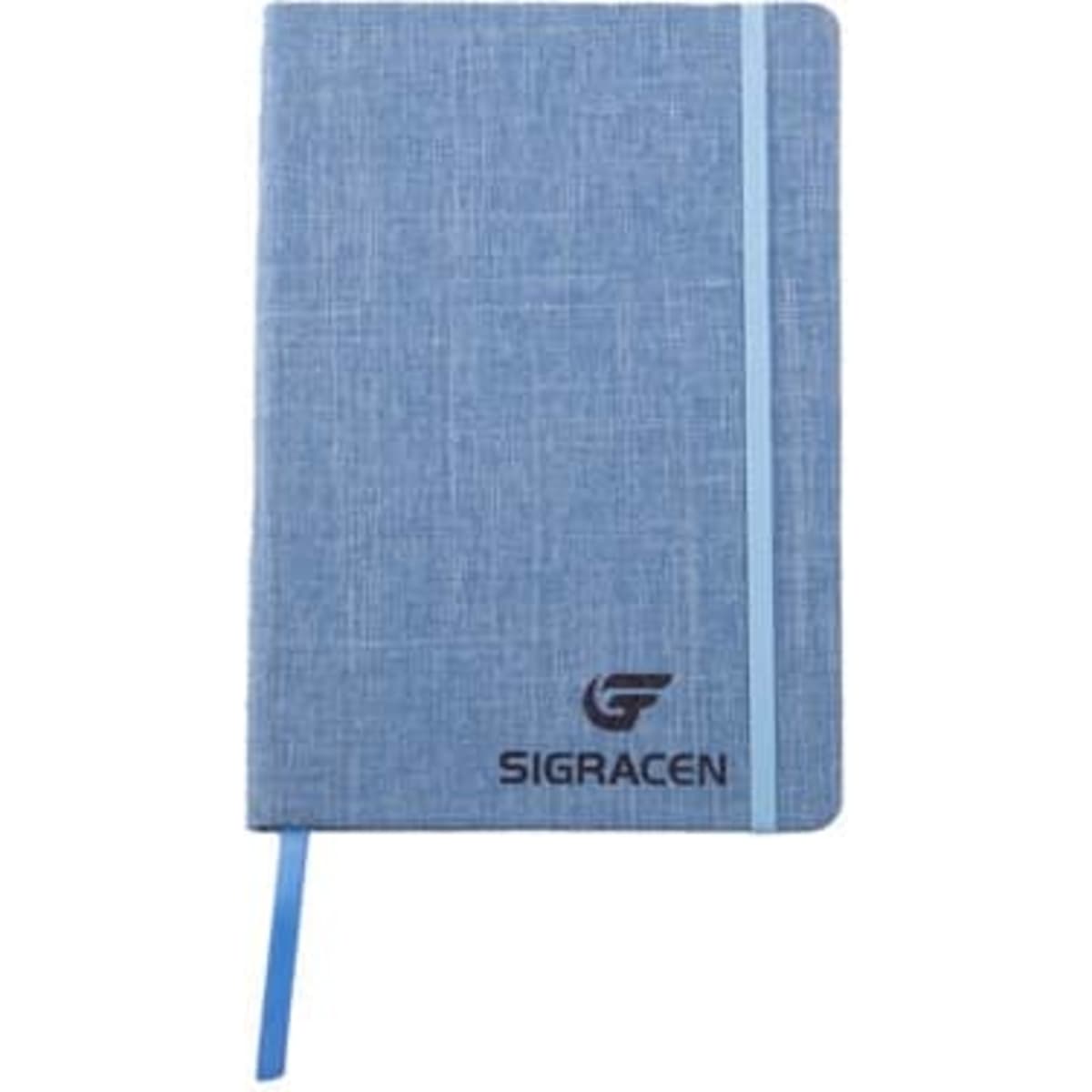 A blue linen fabric journal notebook with a matching elastic band and ribbon bookmark, featuring a logo.