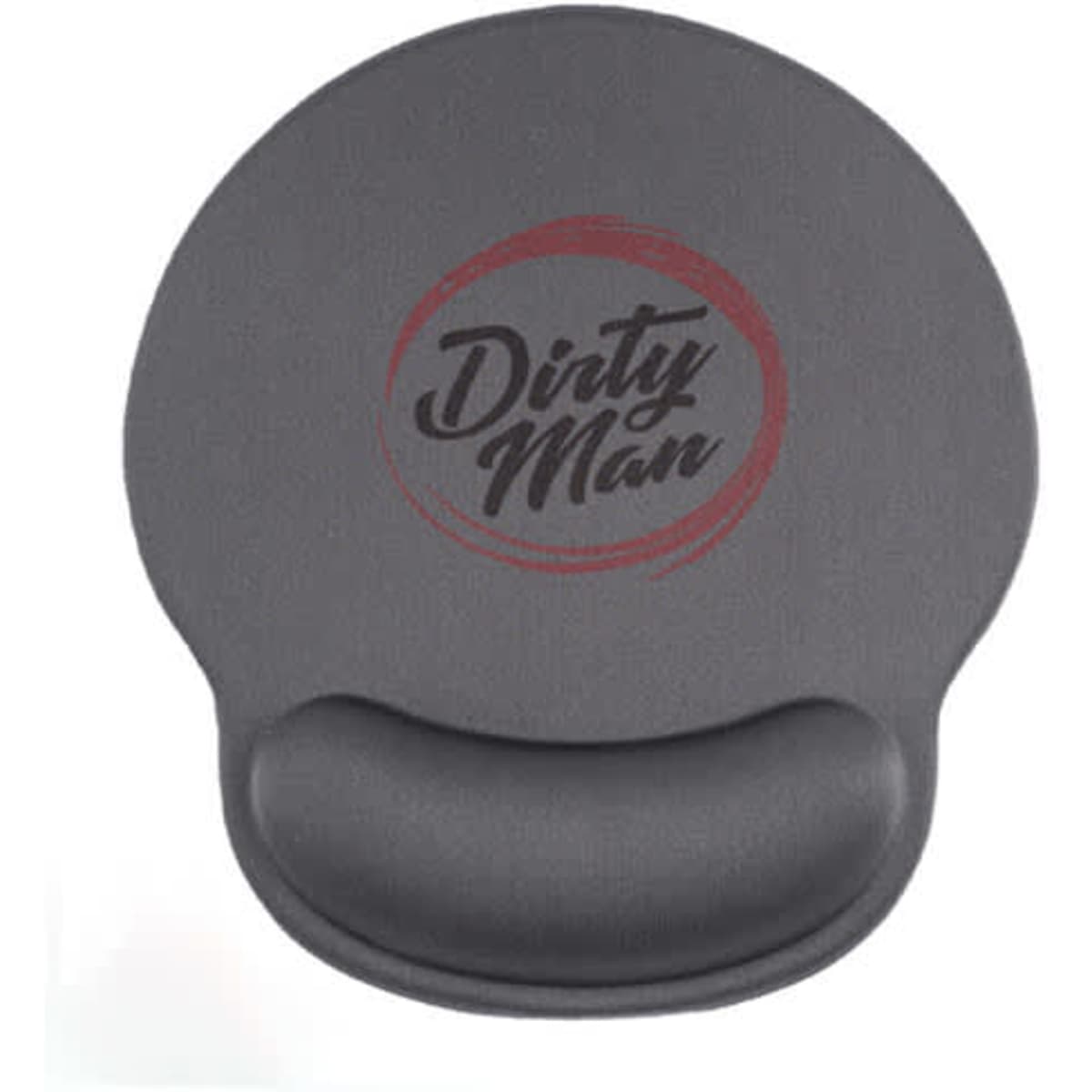 A grey mouse pad with a gel wrist rest, featuring a logo in the centre.