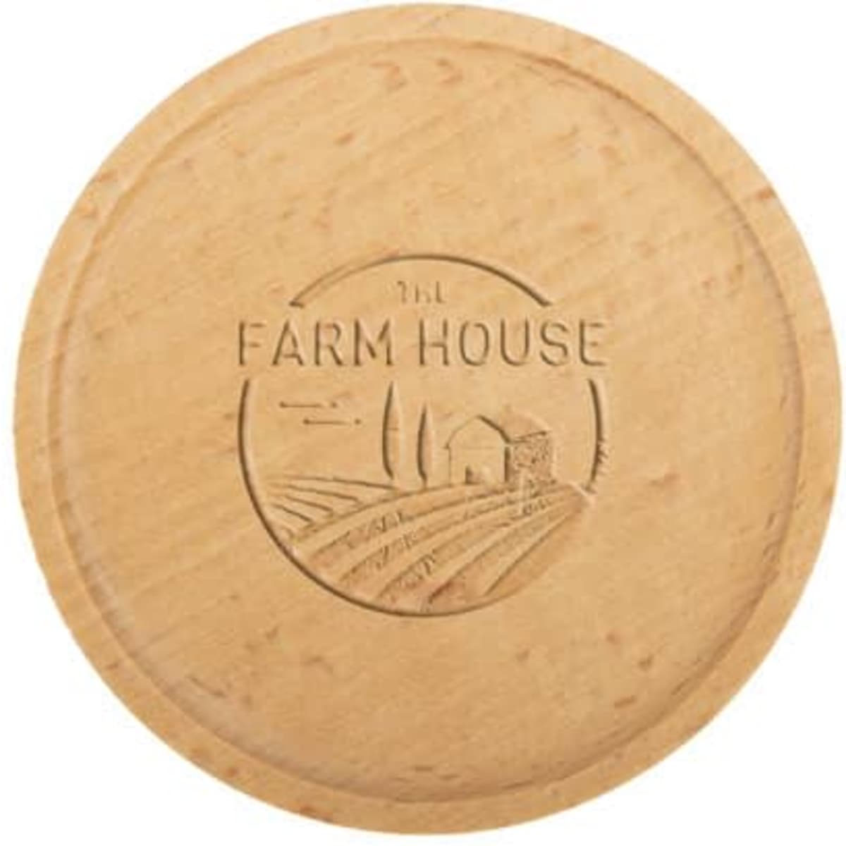 A round bamboo coaster with an engraved design featuring a farm house, in natural wood colour.