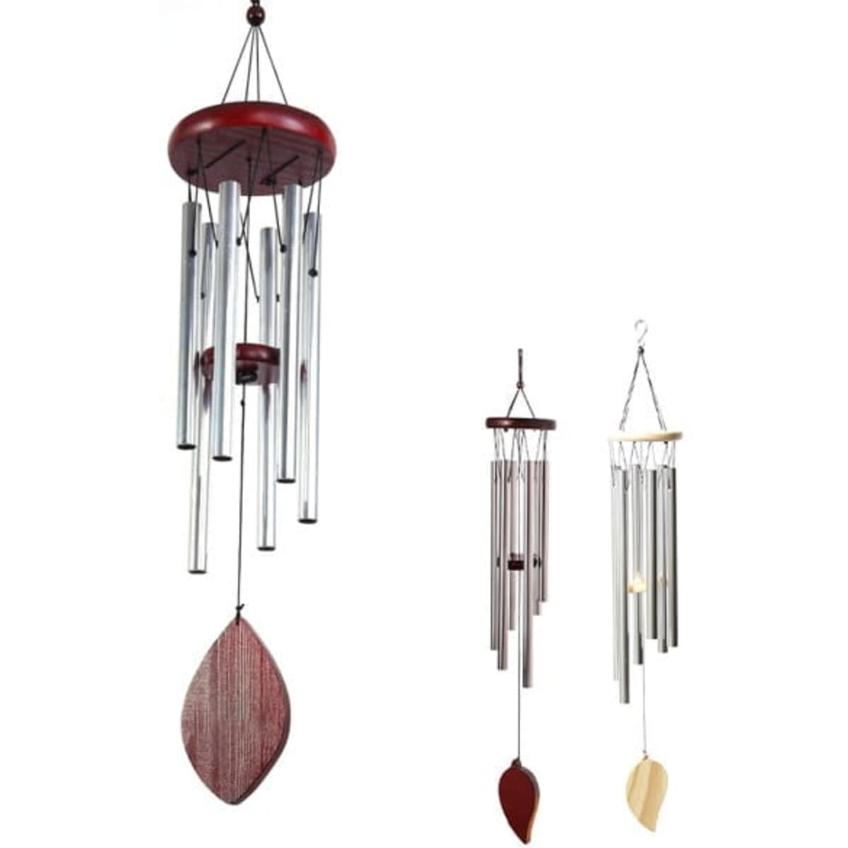 A set of three outdoor wind chimes featuring a dark wood top and silver tubes with varying lengths.
