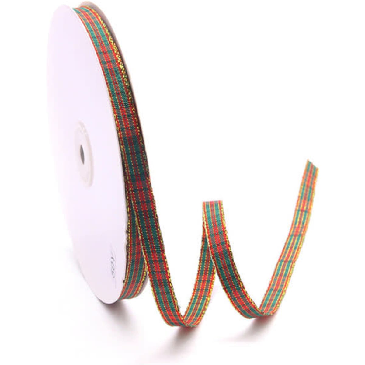 A decorative checkered ribbon on a spool, featuring red, green, and gold colours with a shiny finish.