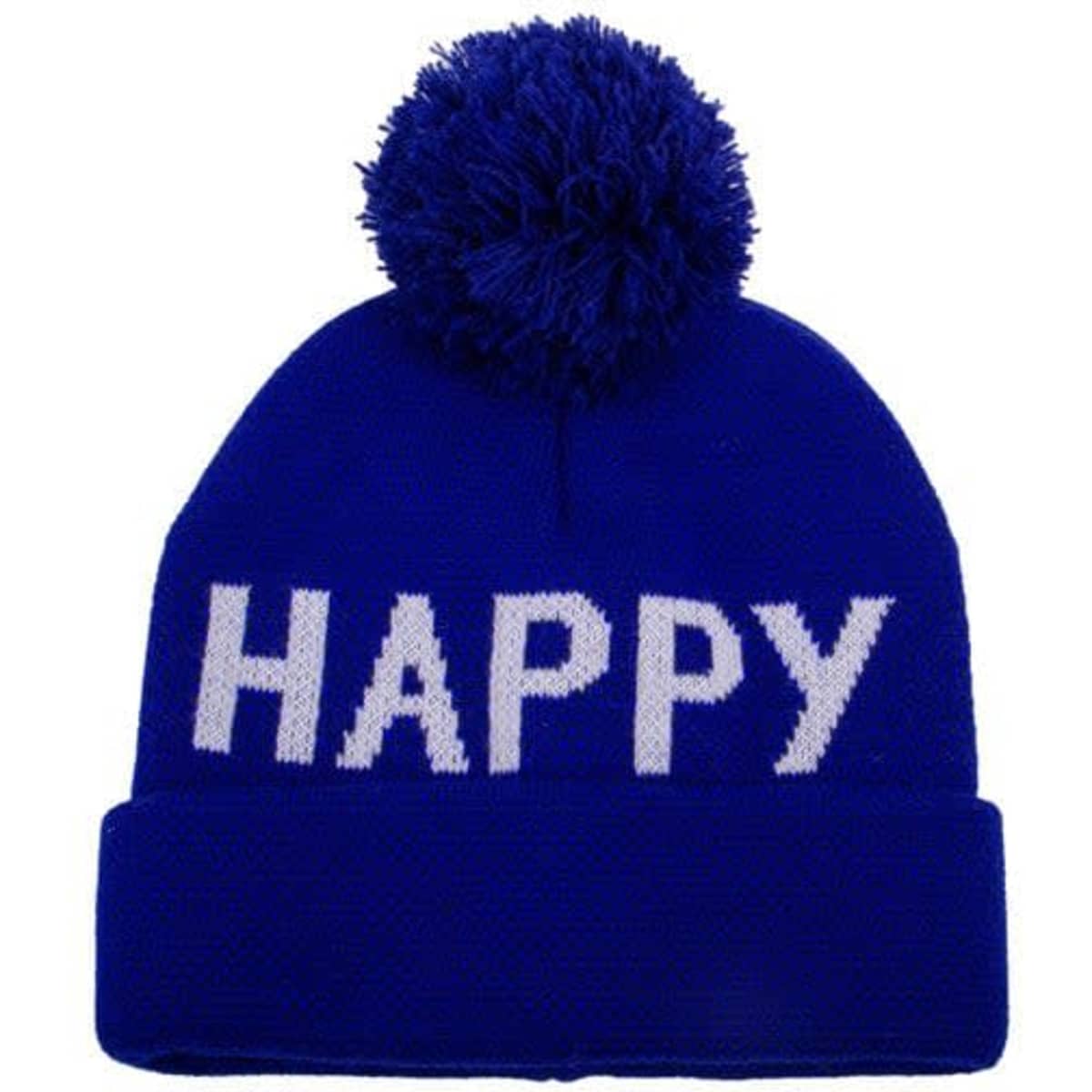 A blue beanie with a large pom pom on top and the word "HAPPY" knitted in white. Features a logo on the cuff.