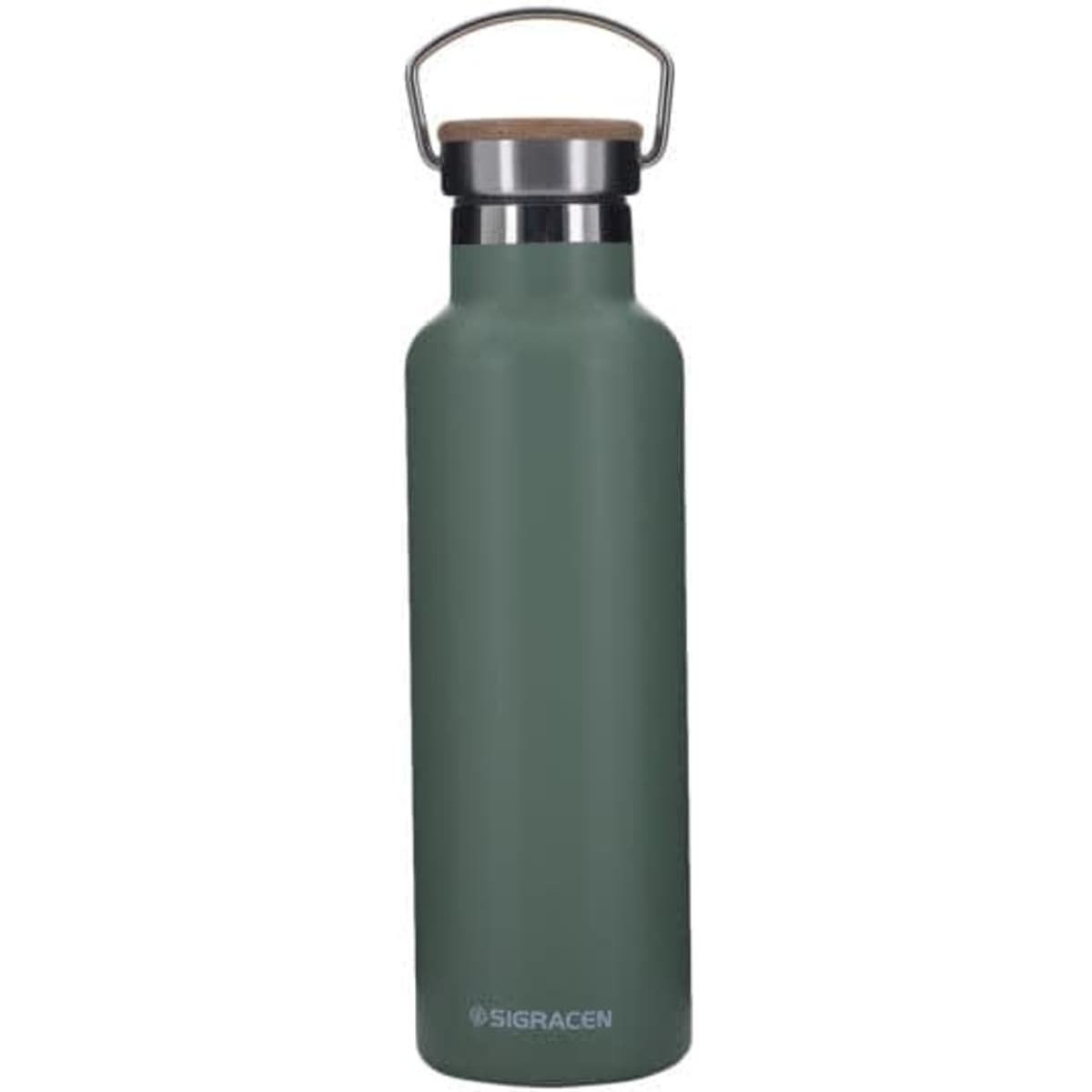 A drink bottle in matte green with a bamboo lid and metal handle, featuring a logo on the body.