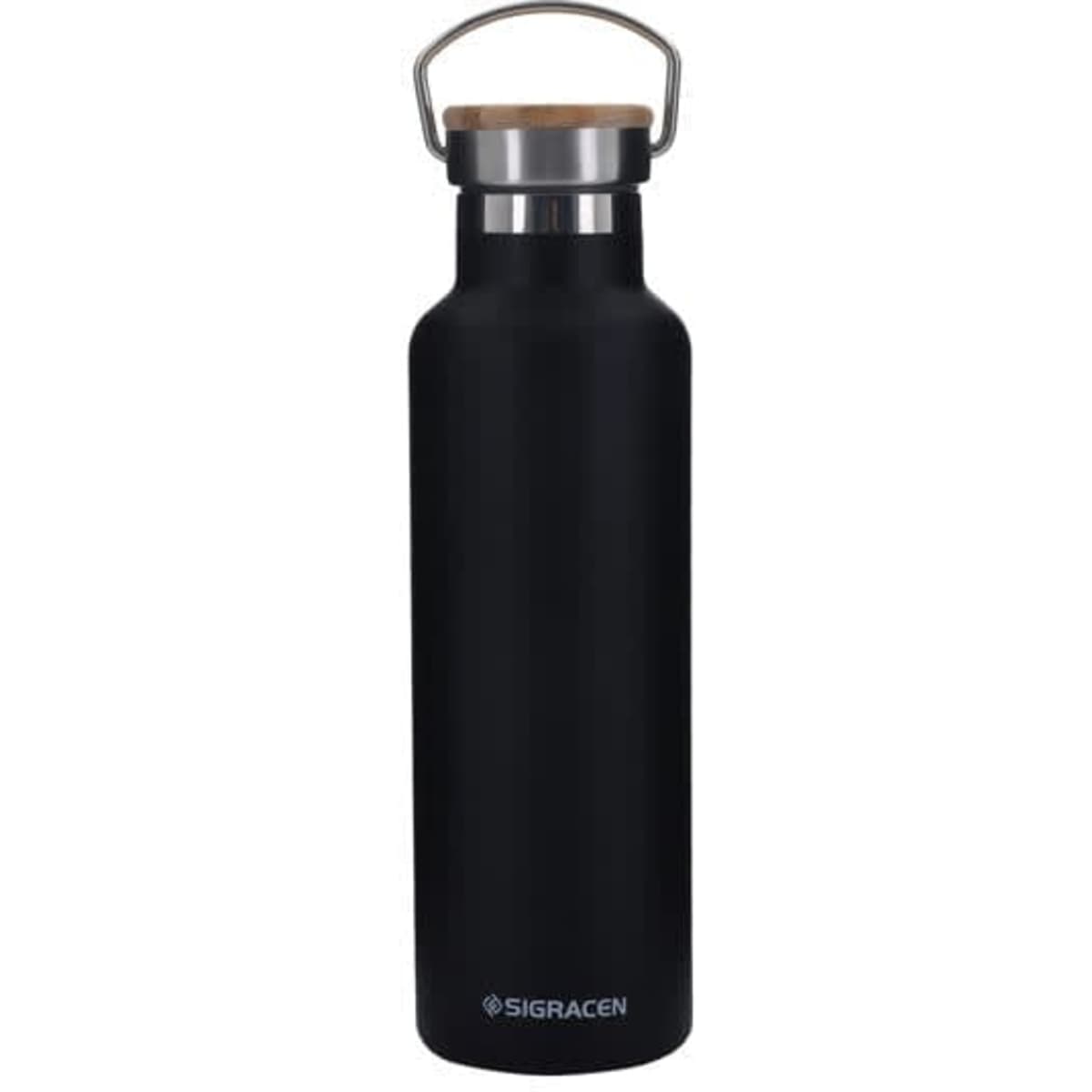 A drink bottle in matte black stainless steel with a bamboo lid and a metal handle, featuring a logo.