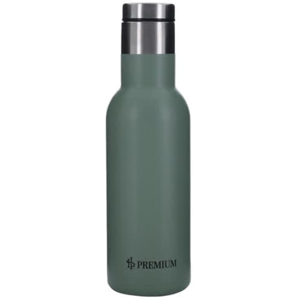 A drink bottle with a double wall, insulated design, featuring a matte green finish and stainless steel lid.