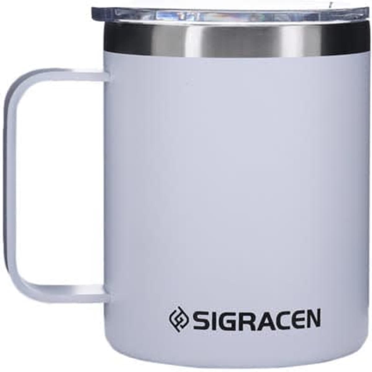 A drink mug in white with a stainless steel lid, featuring a handle and a branding logo.