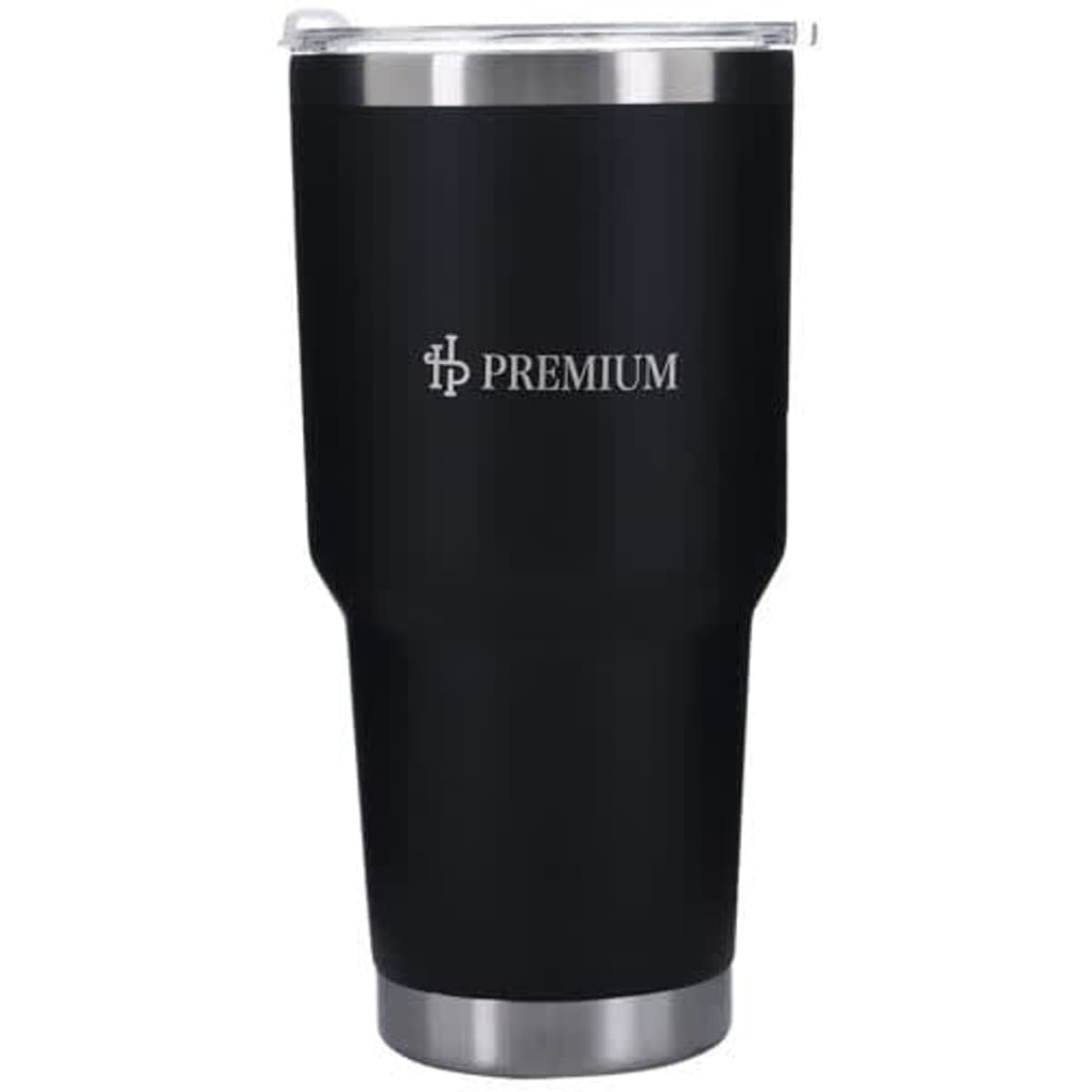 A drink bottle in black stainless steel with a lid and a logo, featuring a vacuum-insulated design.