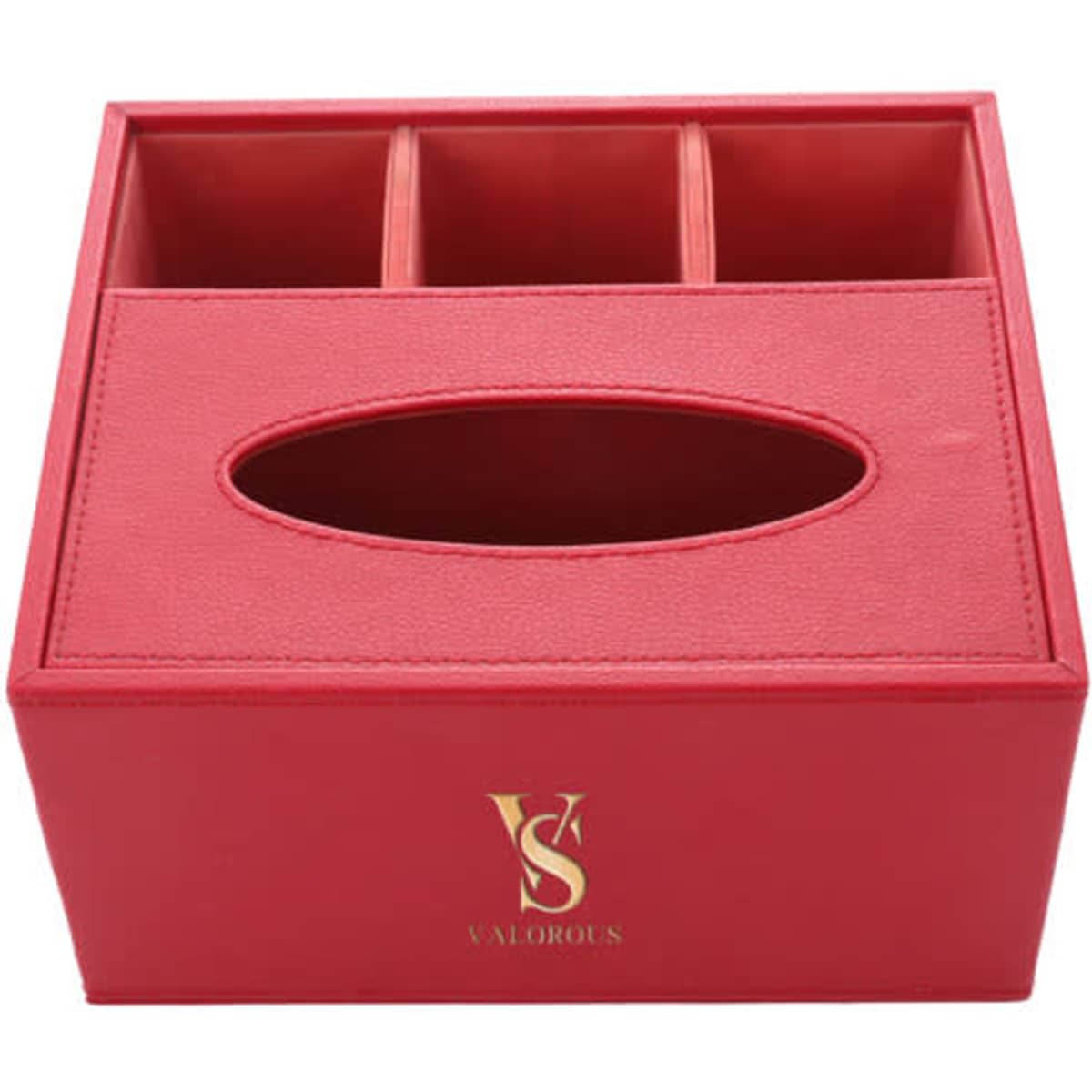 A red PU tissue storage box with three compartments and an oval opening, featuring a logo.