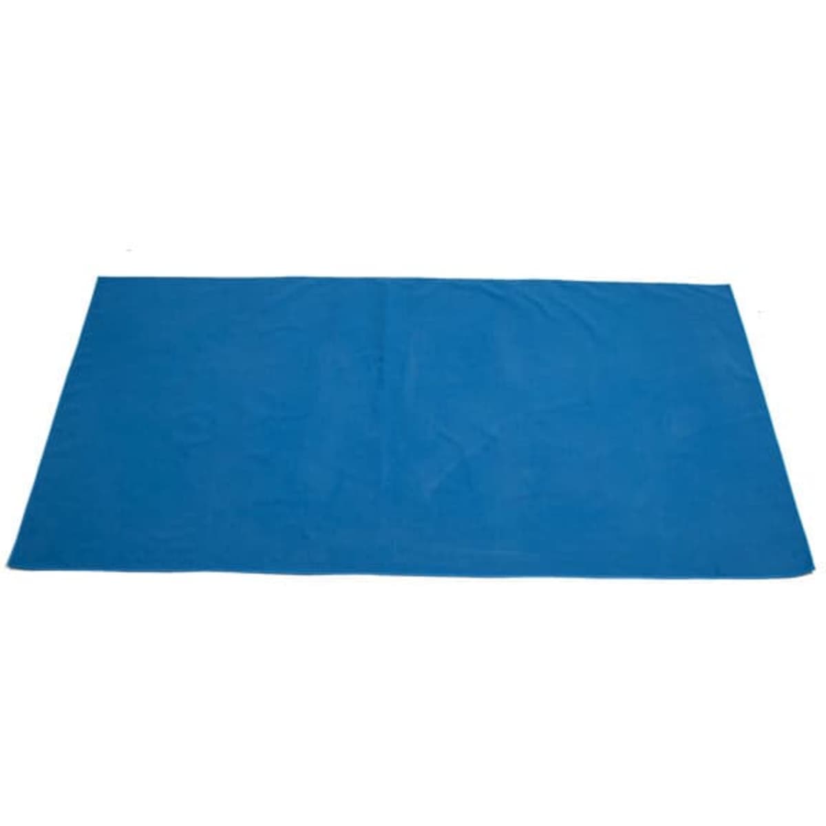 A blue double-sided fleece beach towel, featuring a smooth texture and a logo in one corner.