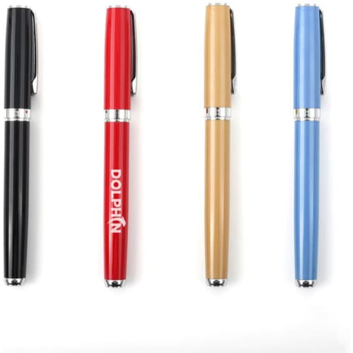 A selection of four metal ballpoint pens in black, red, beige, and blue, each with a distinctive design and a logo.