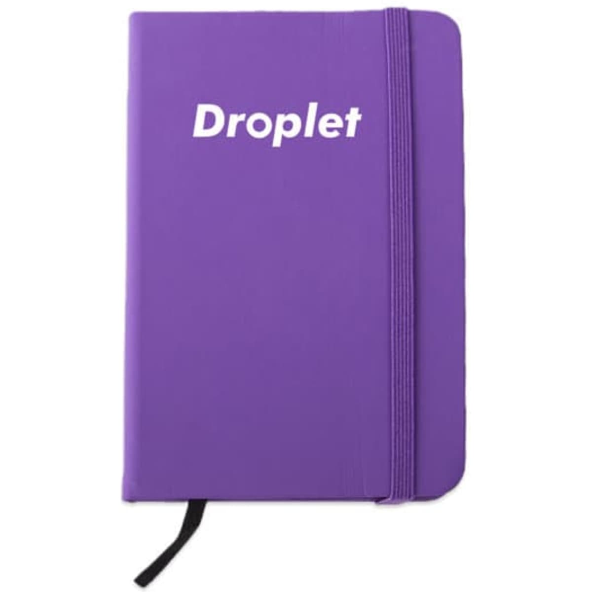 A purple PU leather notebook with an elastic closure and a branded logo on the front.
